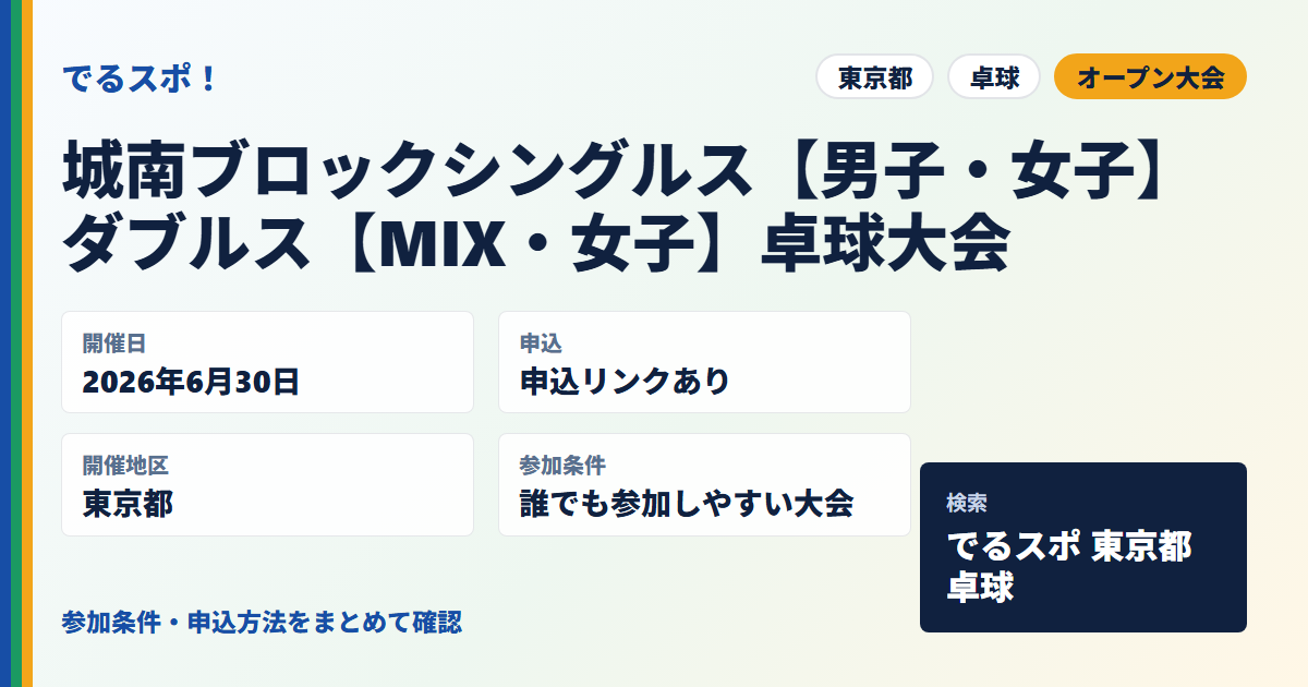 城南ブロックシングルス【男子・女子】ダブルス【MIX・女子】卓球大会