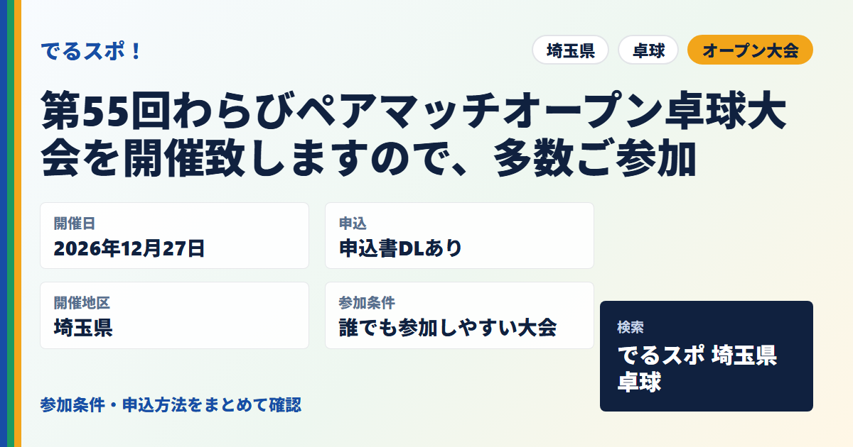 第55回わらびペアマッチオープン卓球大会を開催致しますので、多数ご参加