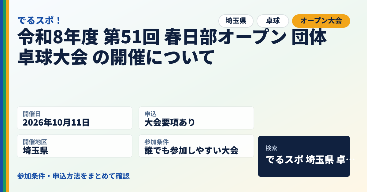 令和8年度 第51回 春日部オープン 団体卓球大会 の開催について