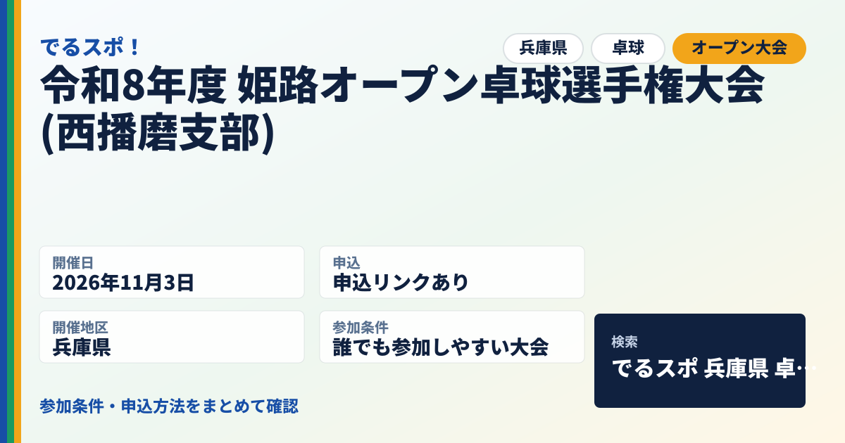 令和8年度 姫路オープン卓球選手権大会 (西播磨支部)