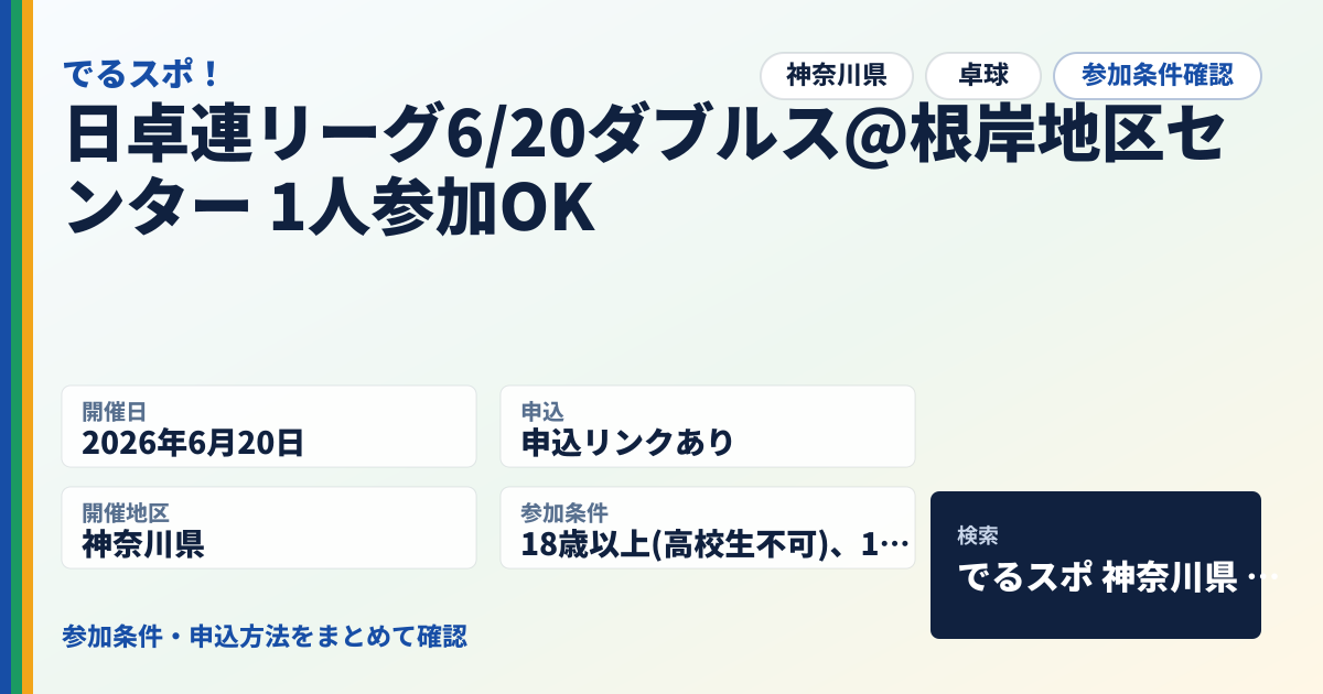 日卓連リーグ6/20ダブルス@根岸地区センター 1人参加OK