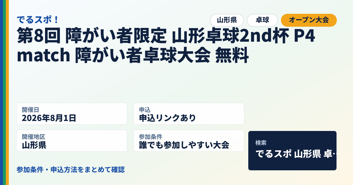 第8回 障がい者限定 山形卓球2nd杯 P4match 障がい者卓球大会 無料