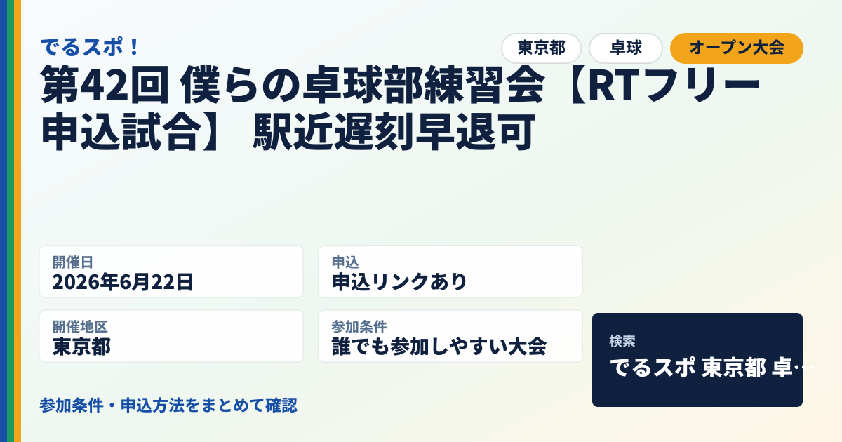 第42回 僕らの卓球部練習会【RTフリー申込試合】 駅近遅刻早退可