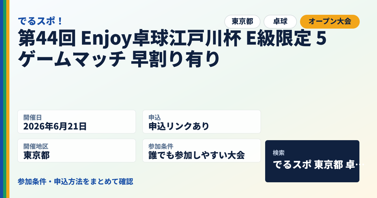 第44回 Enjoy卓球江戸川杯 E級限定 5ゲームマッチ 早割り有り