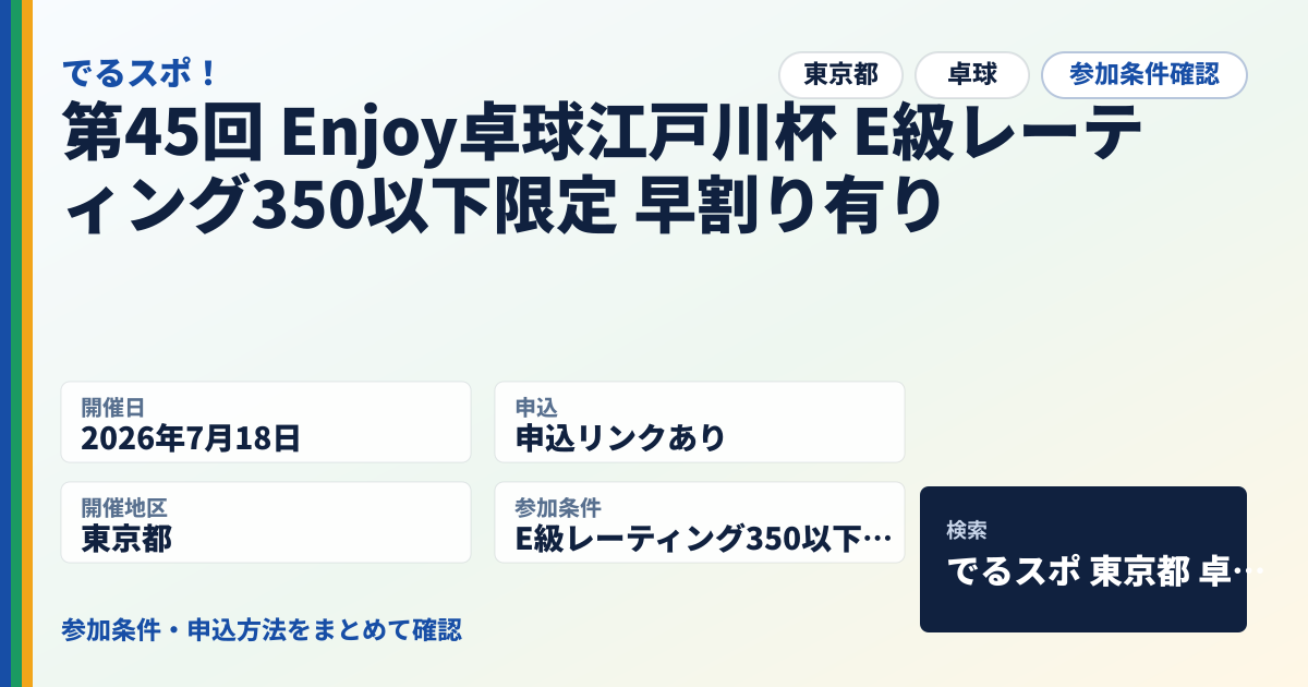 第45回 Enjoy卓球江戸川杯 E級レーティング350以下限定 早割り有り