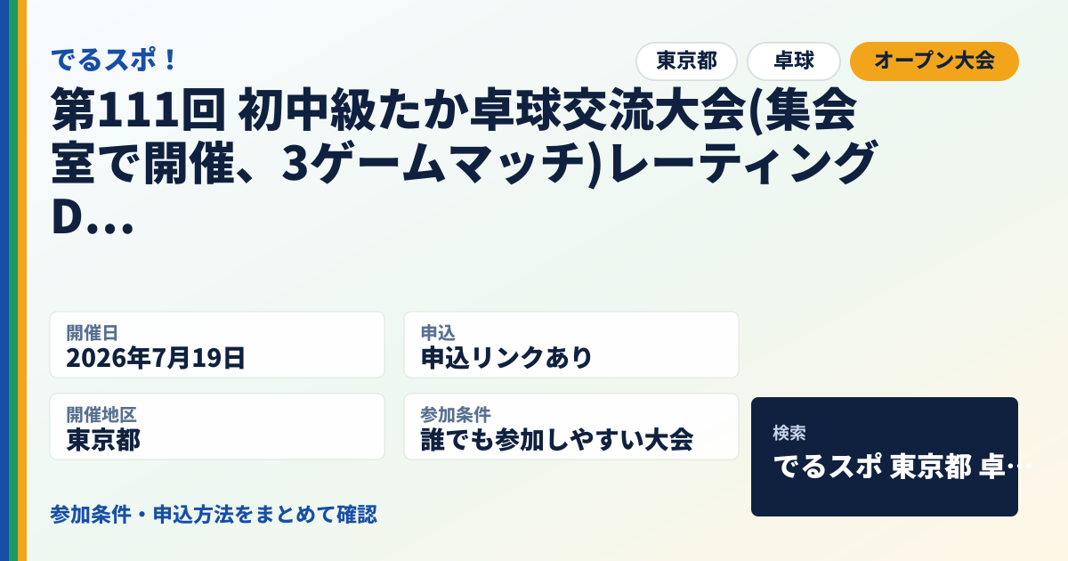 第111回 初中級たか卓球交流大会(集会室で開催、3ゲームマッチ)レーティングD〜E級