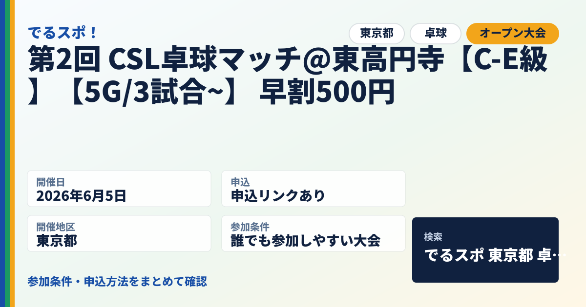 第2回 CSL卓球マッチ@東高円寺【C-E級】【5G/3試合~】 早割500円