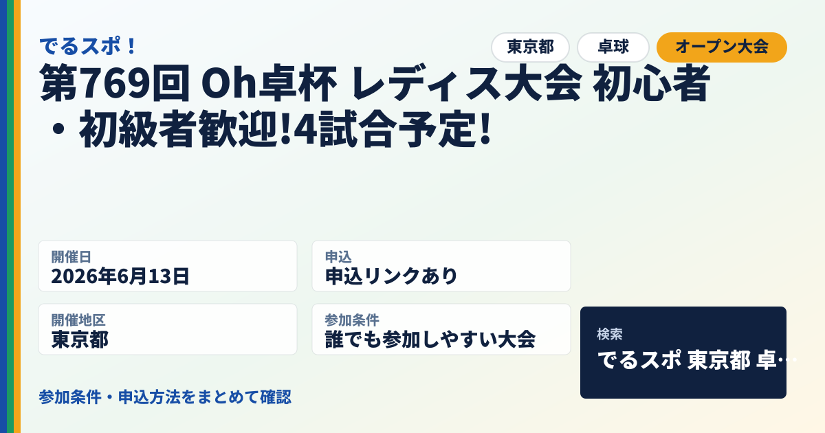 第769回 Oh卓杯 レディス大会 初心者・初級者歓迎!4試合予定!